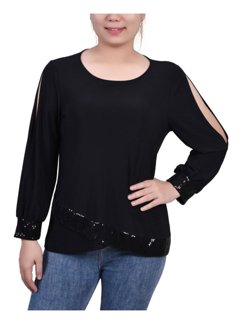 NY Collection Womens Petites Jersey Embellished Pullover Top Black Size PS NWT